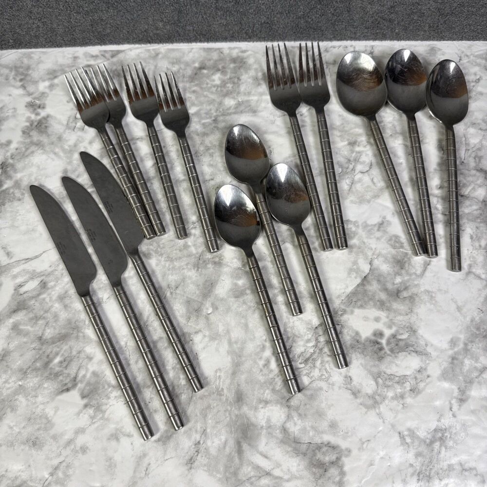 15 pc Pier 1 Imports Bamboo Flatware spoons forks Knives 18/8 Stainless Steel